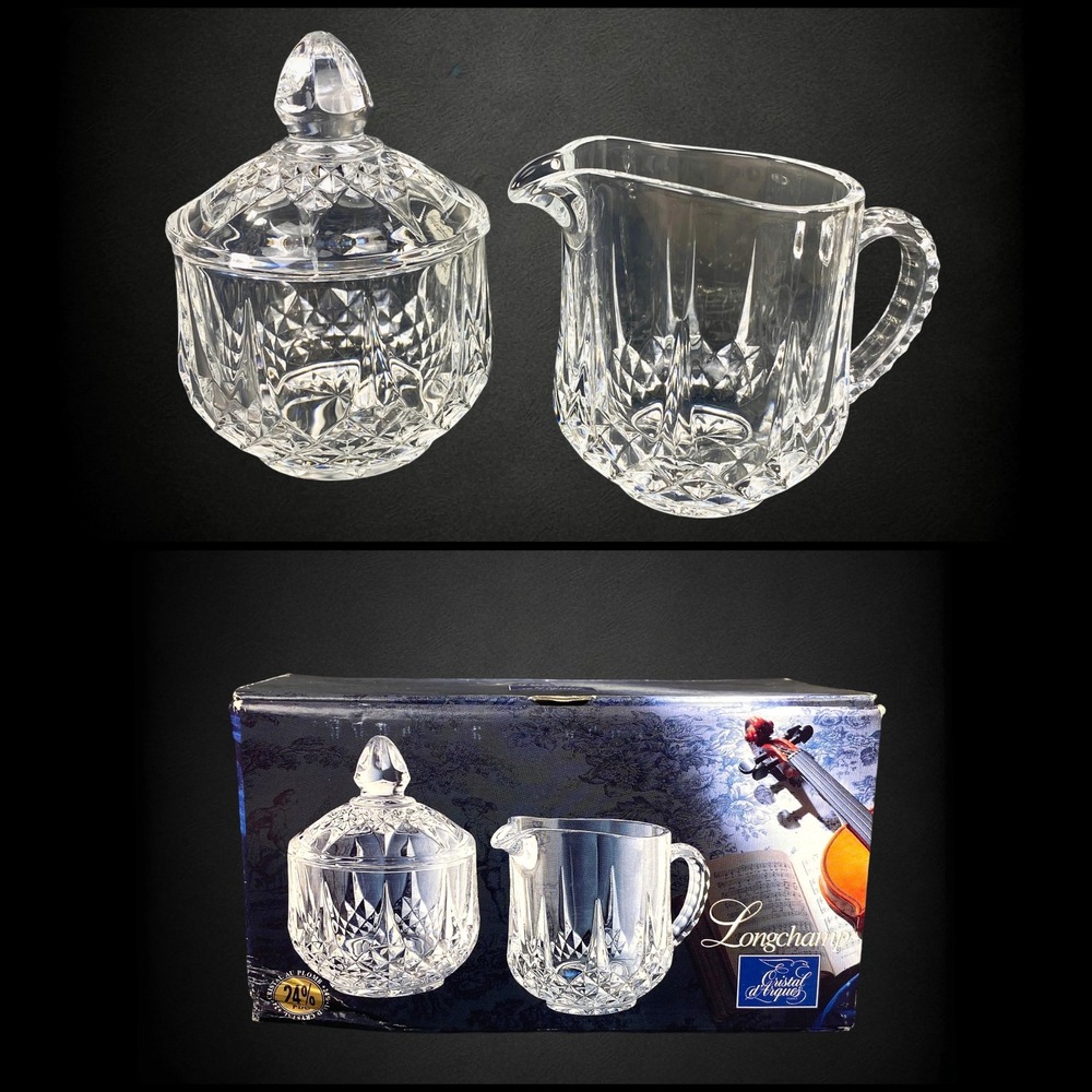 Cristal d'Arques Longchamp Crystal Creamer Sugar Set Boxed 1970s Vintage